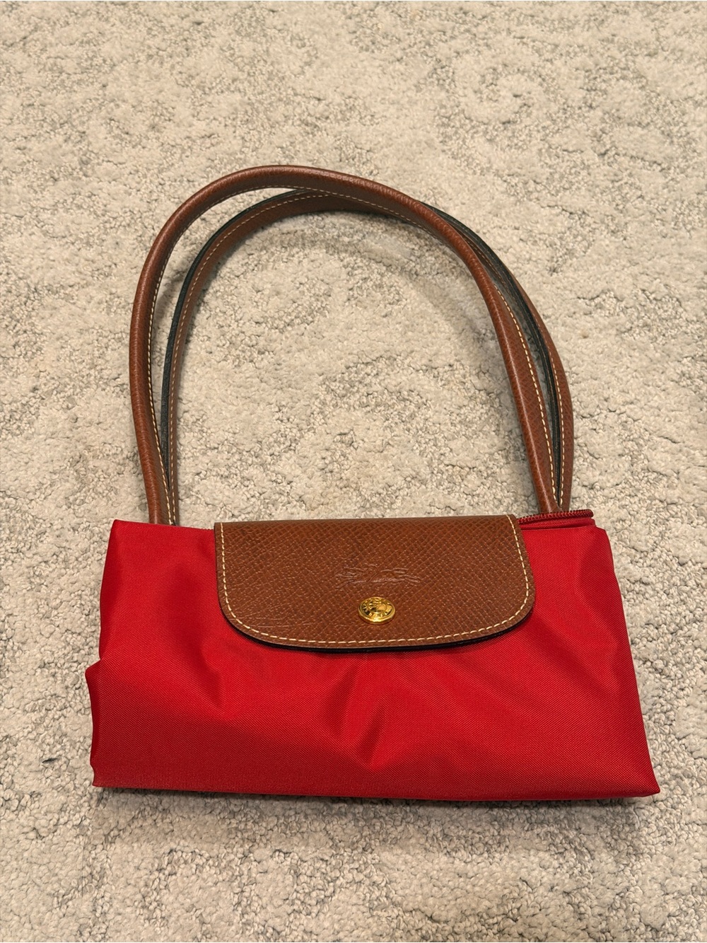 Longchamp Red Nylon Shoulder Bag with Brown Leather Trim- Size MEDIUM